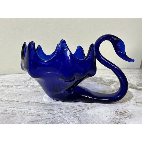 Vintage Cobalt Blue Blown Glass Swan Candy Dish MCM Decorative - Picture 2 of 14